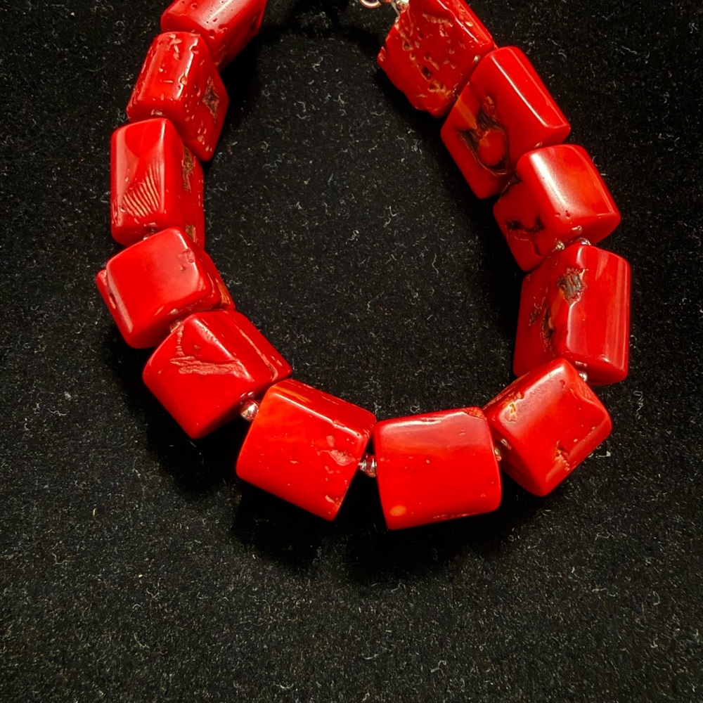 Genuine Coral Red Square Bracelet with Sterling Silver Toggle Clasp